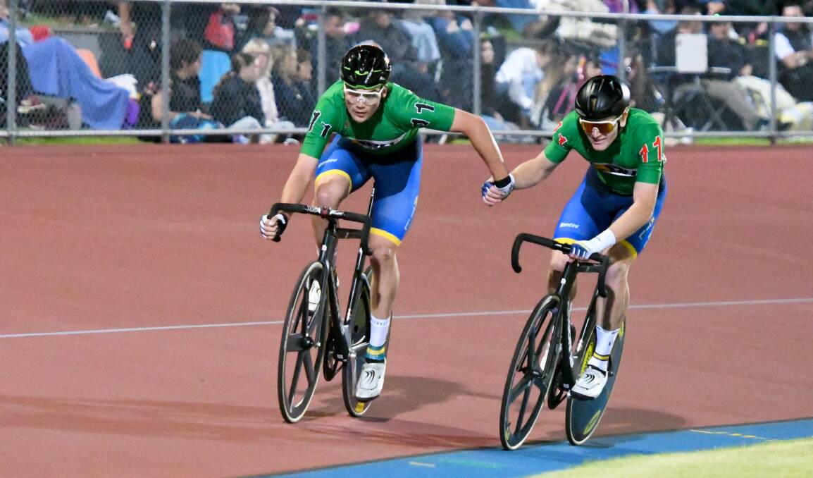 Conor Leahy and Josh Duffy on their way to victory in the men's madison in 2020 at the Tom Flood Sports Centre. Picture: NONI HYETT