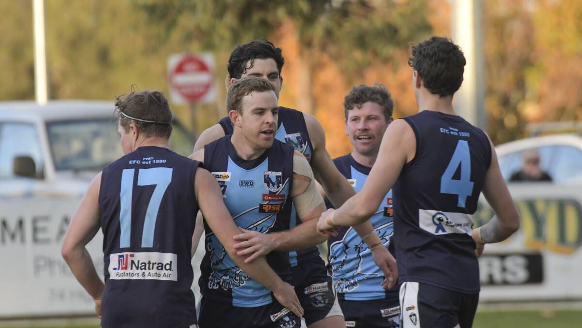 BELIEF: Eaglehawk celebrates one of its late goals against Strathfieldsaye in the Hawks' round 10 win over Strathfieldsaye by 18 points - the Storm's only loss of the year.