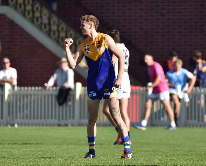 WELL PLAYED: Key forward Jack Scanlon celebrates one of his three goals for Bendigo. Scanlon made a hot start with four marks in the first quarter.