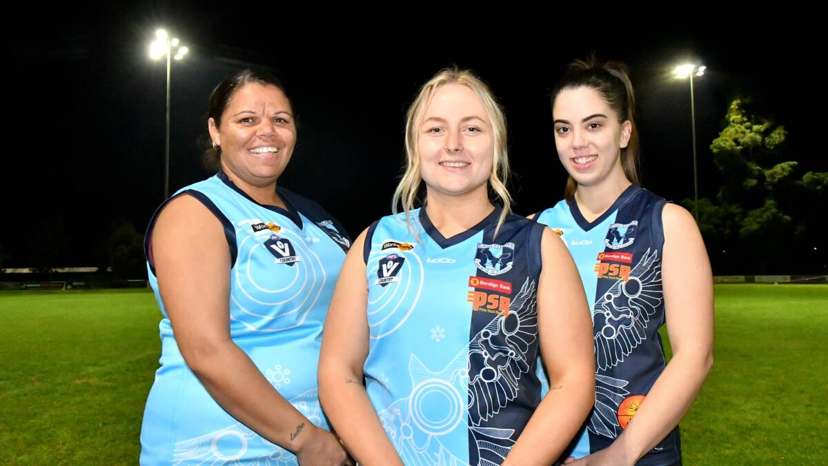 BIG GAME AHEAD: Crystal West, Courtney Coffey and Aleesha Jai wearing Eaglehawk's indigenous guernsey for this Sunday's game against Kyneton at Canterbury Park in the Central Victorian Football League Women's competition. Picture: NONI HYETT
