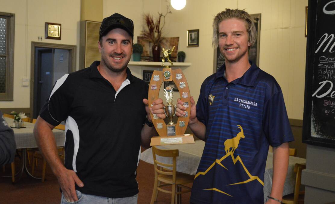 PRIZE ON THE LINE: Dingee captain Darran Lawry and Goorning skipper Dylan McNamara ahead of Saturday's Northern United Cricket Association grand final. Picture: HOLLY BYRNE, BARBEDWIRE IMAGERY