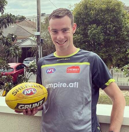GOAL ACHIEVED: Sam Stagg boundary umpired his first AFL game last Sunday.