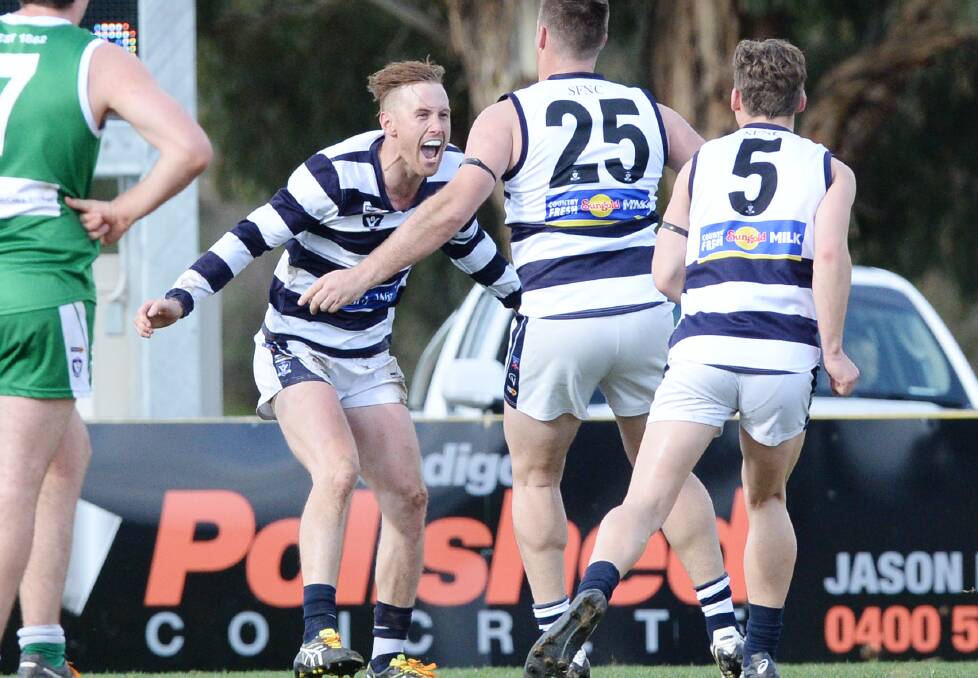 TON UP: Strathfieldsaye's Lachlan Sharp shows his jubilation after kicking his 100th goal for the season in round 16. Picture: DARREN HOWE