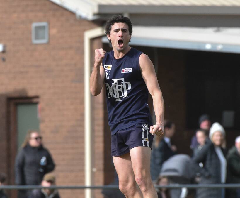 STAR FACTOR: Mount Pleasant co-coach Adam Baird after kicking one of his six goals against Huntly last week. Picture: NONI HYETT