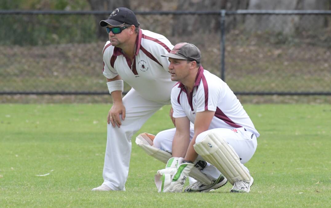 WAITING FOR A NICK: West Bendigo captain Brendon Lummis and wicket-keeper Travis O'Connell on Saturday against Spring Gully. Picture: NONI HYETT