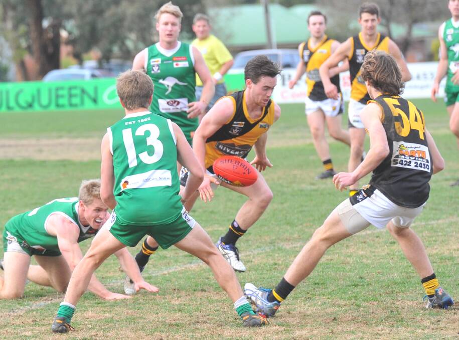 CLASS: Max O'Sullivan was one of Kyneton's best in Saturday's win over Kangaroo Flat at Dower Park. The Tigers booted eight of the last nine goals of the game to win by 52 points. The surging Tigers have now won six on the trot. Pictures: ADAM BOURKE