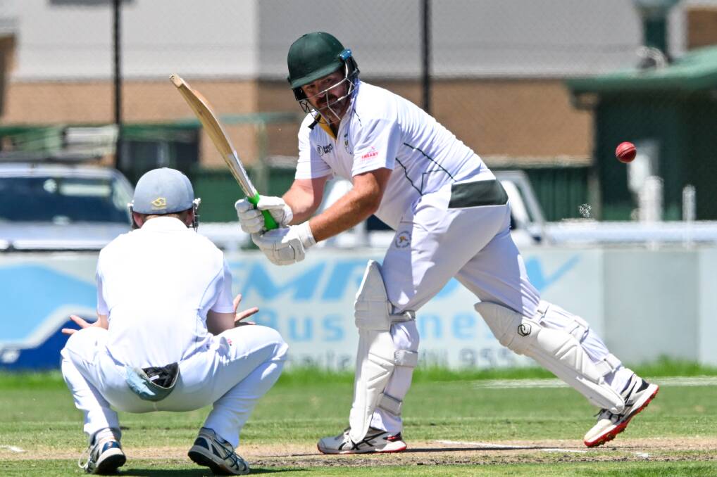 Kangaroo Flat's Adam Burns works the ball to the leg-side during his unbeaten 108 against Strathdale-Maristians on Saturday. Picture by Darren Howe