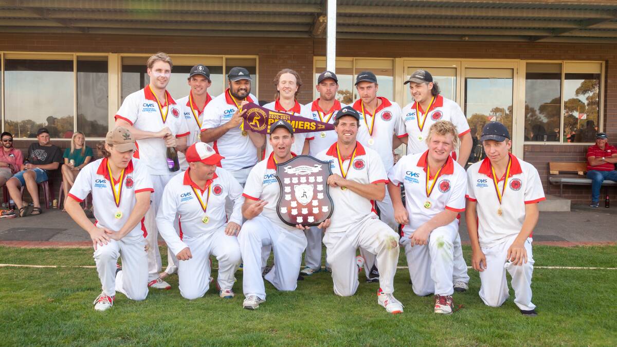 REDBACKS REIGN SUPREME: Elmore's victorious premiership team after beating Dingee by 39 runs in the Northern United Cricket Association grand final on Saturday. Pictures: PAUL LAURSEN