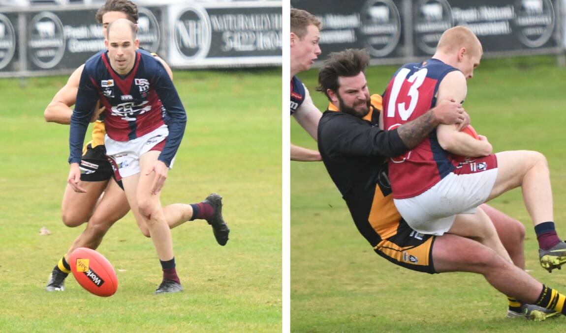 HARD-FOUGHT CONTEST: Kyneton overcame a 27-point deficit during the first quarter to beat Sandhurst on Saturday in a hard-fought contest at the Kyneton Showgrounds in difficult conditions. The Tigers won 9.19 (73) to 9.8 (62) - their third win in a row. Pictures: LUKE WEST