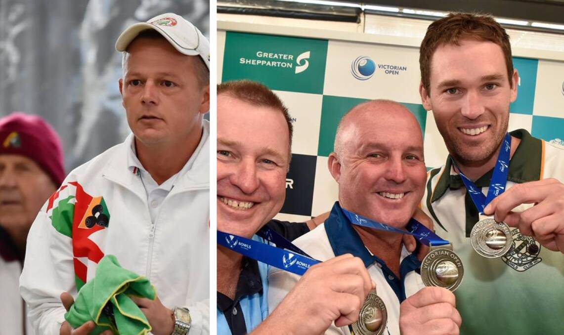 VICTORIOUS: Men's singles champion Lee Schraner of Bendigo East and the winning triples team of Russell Locke, Matt Robertson and South Bendigo's Mitch Sidebottom. Pictures: BOWLS VICTORIA