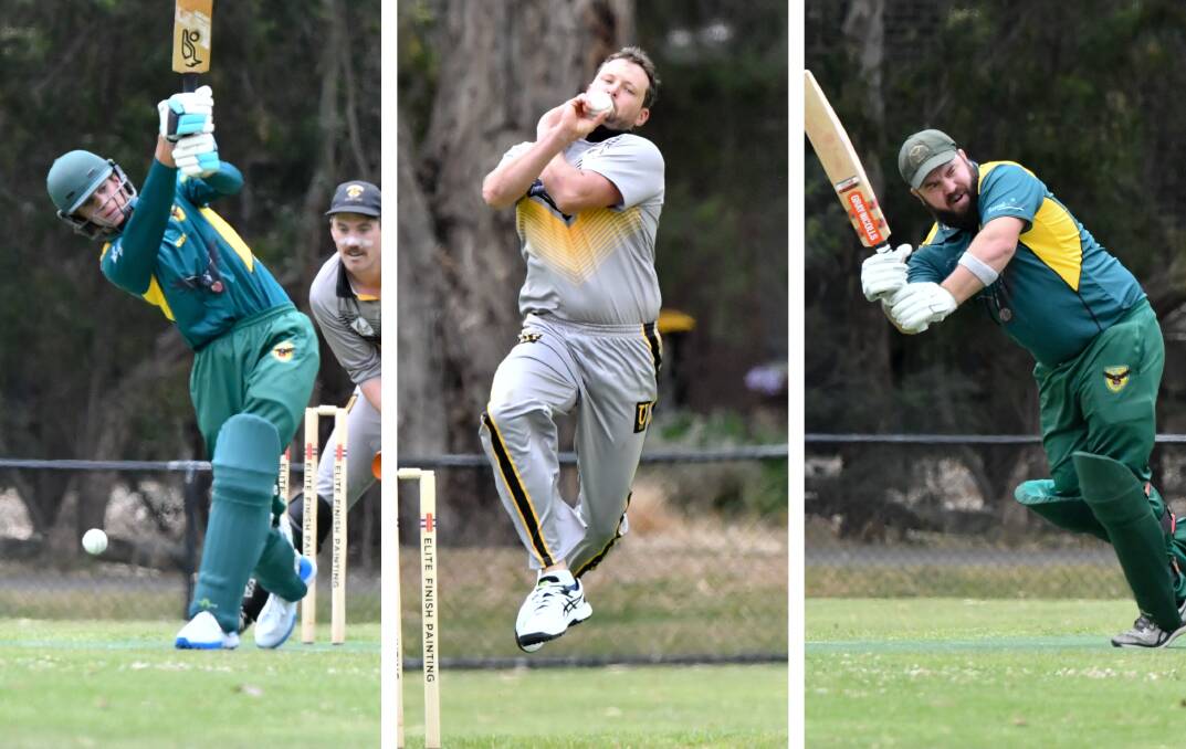CROWS TAKE THE POINTS: Thomas Perrin, Ashley Murtagh and Brannon Stanford during Saturday's EVCA clash between Spring Gully and United. The Crows won by 37 runs at home to move to the top of the ladder, while United fell from first to third. Pictures: NONI HYETT