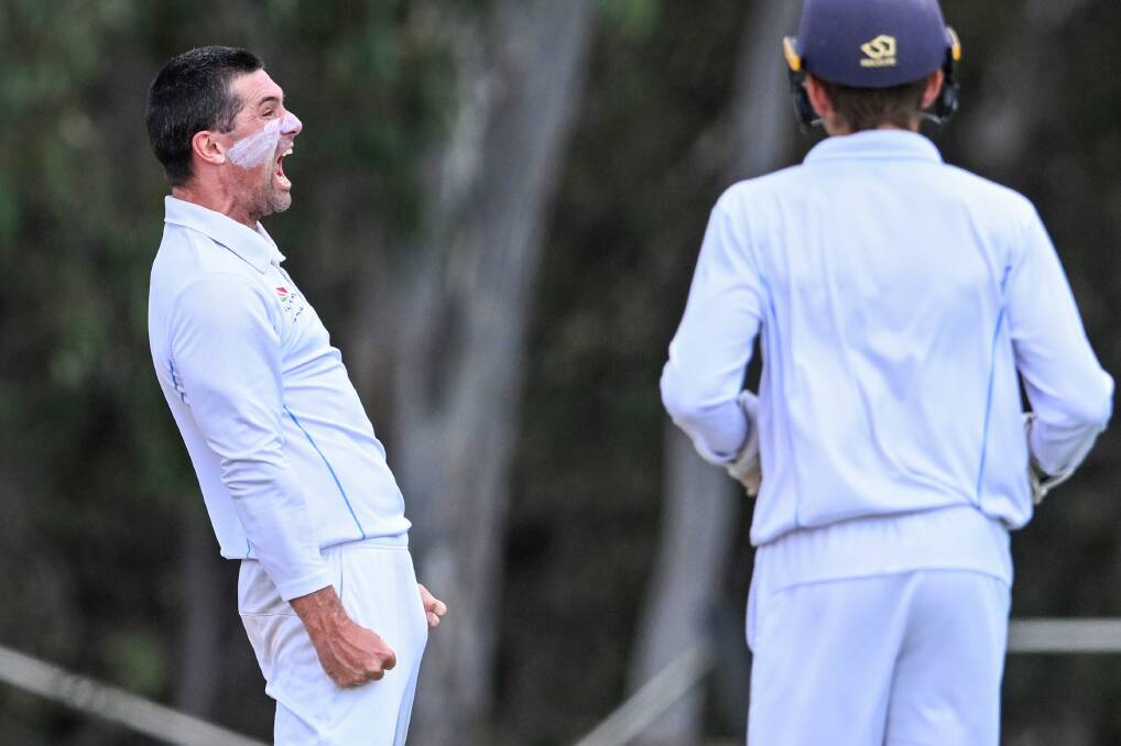 Cameron Taylor after taking one of his seven wickets for Strathdale-Maristians on Sunday. Picture by Darren Howe