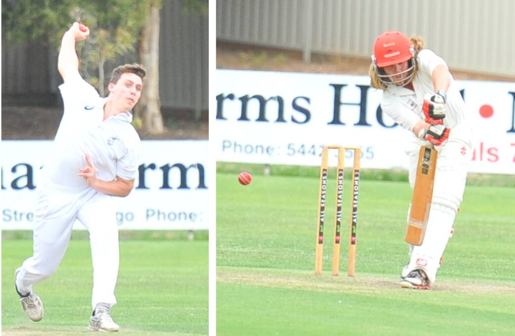 HARRY TROTT OVAL TUSSLE: Strathfieldsaye's Jed Rodda and Bendigo United's Harry Donegan in action on Saturday. 15 wickets fell for the day. Pictures: LUKE WEST