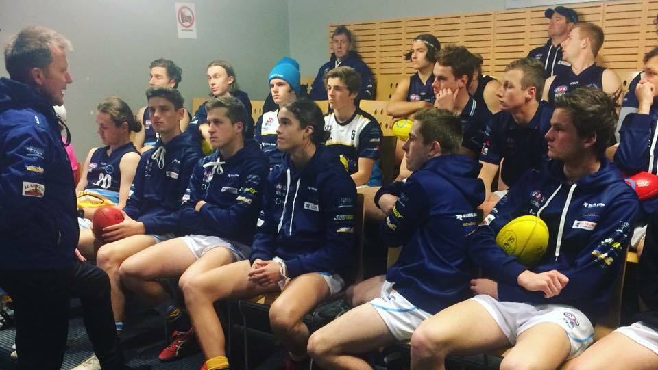 KEY MESSAGES: Coach Rick Coburn delivers his pre-game address to the Bendigo Pioneers on Saturday. The Pioneers went down to the GWV Rebels by 36 points. Picture: BENDIGO PIONEERS FACEBOOK PAGE