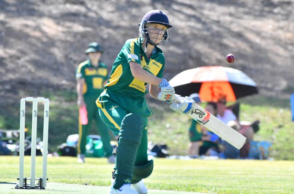 VICTORIOUS ROOS: Kangaroo Flat opener Rindy Sawyer bats in Sunday's win over Strathdale-Maristians Blue at Beischer Park. Sawyer made 22 in the Roos' 106-run victory. Pictures: NONI HYETT