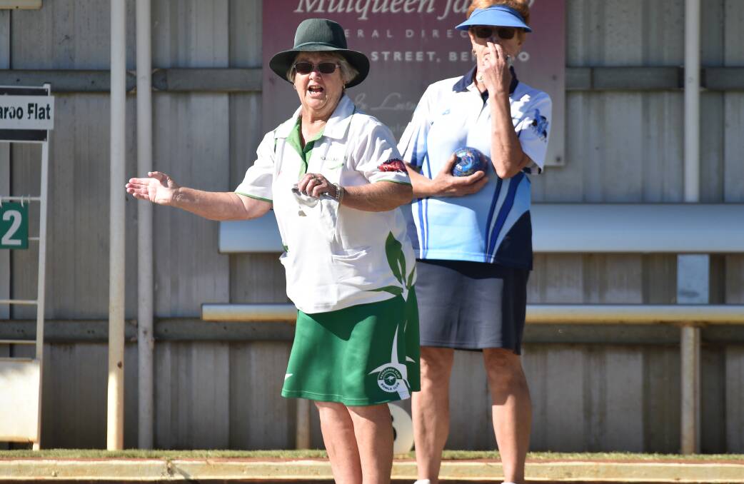 TENSE GAME: Kangaroo Flat skipper Susan Howes. The reigning premier Roos bowed out of the midweek pennant flag race on Friday. Picture: NONI HYETT