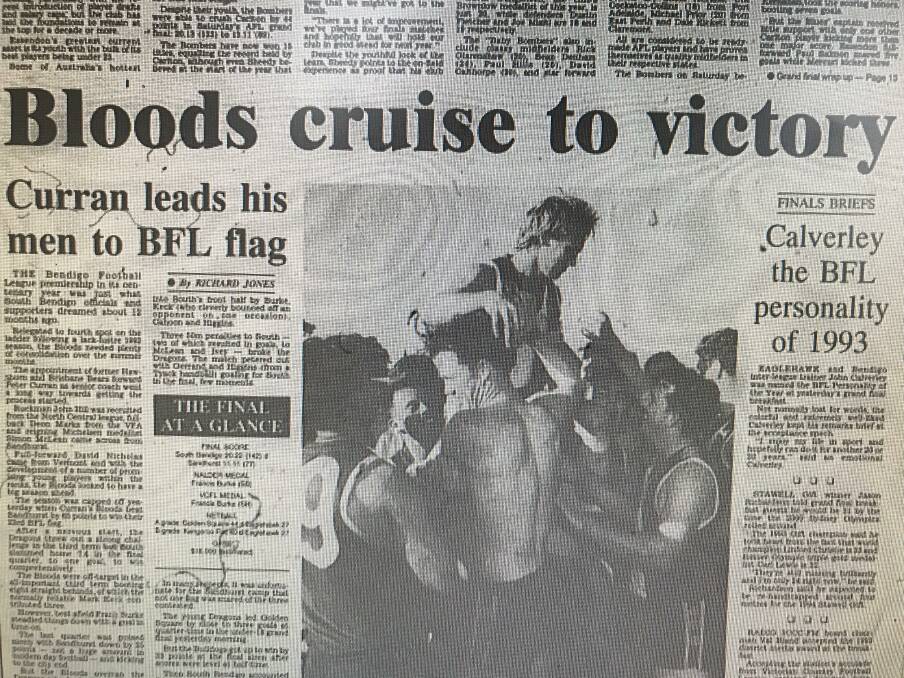FLASHBACK: The back page of the Bendigo Advertiser on the Monday after the Bloods' 1993 grand final win over Sandhurst by 65 points.