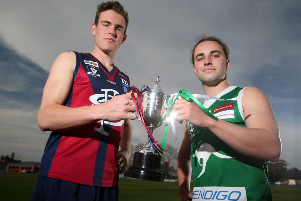 YOUNG GUNS: Sandhurst's Lachlan Baker and Kangaroo Flat's Mitchell Rovers with the BFNL under-18 premiership cup. Picture: GLENN DANIELS