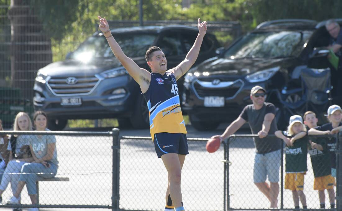 CELEBRATION: Will Holt after slotting a goal for the Bendigo Pioneers earlier this season. Picture: NONI HYETT