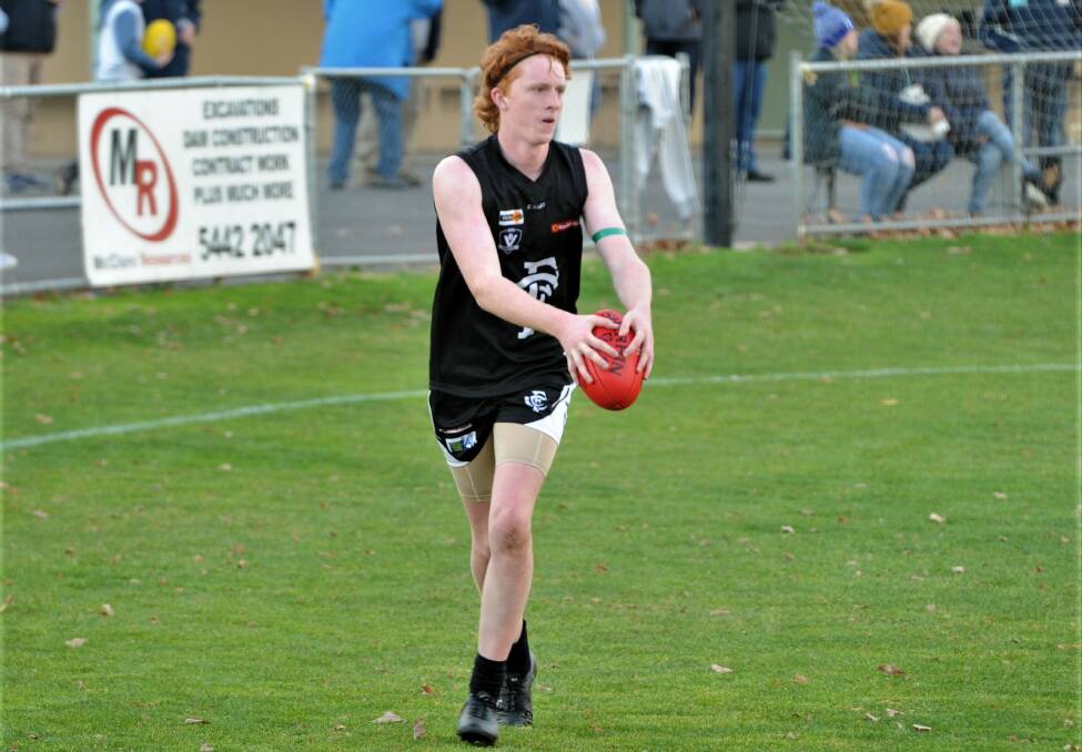 SHOWING PLENTY IN DEFENCE: Castlemaine backman Brodie Byrne. The Magpies are at home to Eaglehawk at Camp Reserve in round 12 of the BFNL season on Saturday. Picture: ADAM BOURKE