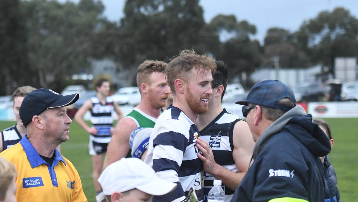 TON TICKED OFF: Lachlan Sharp after kicking his 100th goal of the season for Strathfieldsaye against Kangaroo Flat earlier this month.