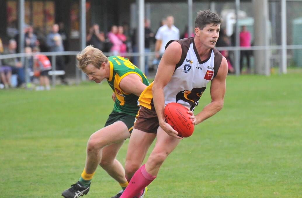BIG GAME: Huntly ruckman Rhett Sutton was prominent against Colbinabbin in the Hawks' win on Saturday. The Hawks got over the line by six points. Picture: ADAM BOURKE