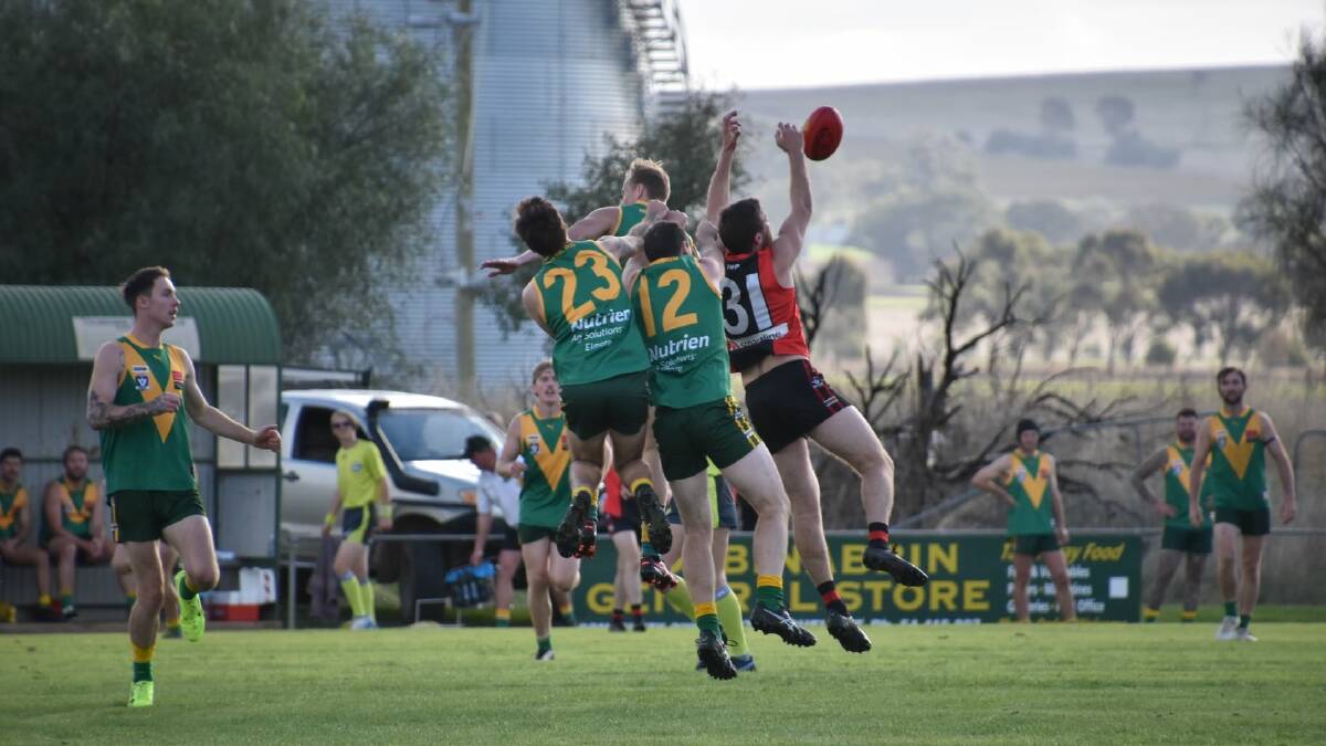 CONTEST: The pack flies in Saturday's Colbinabbin vs White Hills clash at M.J. Morgan Oval. Pictures: COLBINABBIN FNC FACEBOOK PAGE