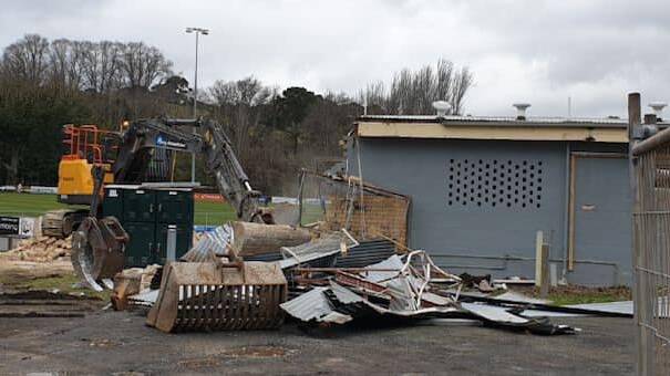 DEMOLITION: The Gardiner Reserve changerooms get knocked down last week. Picture: GISBORNE FOOTBALL-NETBALL CLUB FACEBOOK PAGE