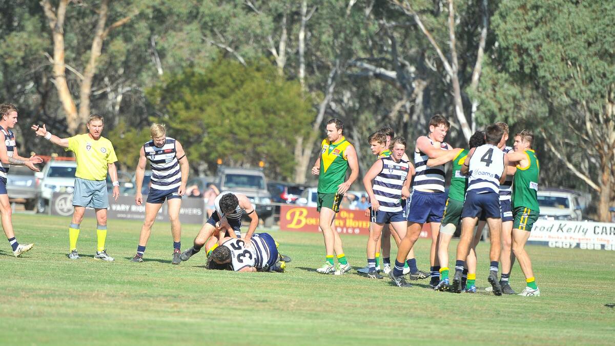 Tempers flare during the first quarter. Picture: LUKE WEST