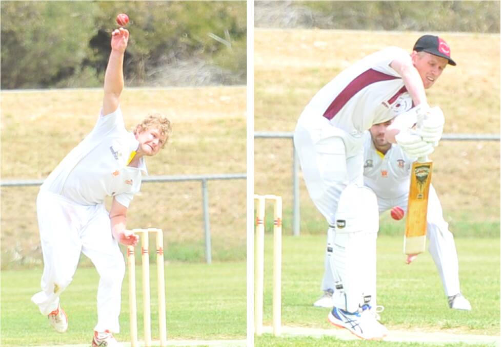ONE-SIDED GAME: United captain Harry Whittle, who took six wickets for the match, and West Bendigo's Sam Hitchcock. The Tigers defeated the Redbacks outright at Ken Wust Oval in round four of the Emu Valley Cricket Association season. Pictures: LUKE WEST