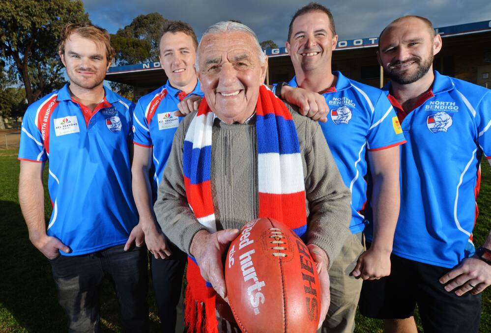 SPECIAL PHOTO: Keith Robertson with grandsons Ryan Alford, Sam Robertson, Rob Bennett and Shaun Kellow before the 2015 HDFNL grand final.