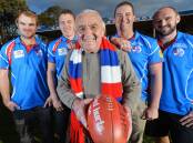 SPECIAL PHOTO: Keith Robertson with grandsons Ryan Alford, Sam Robertson, Rob Bennett and Shaun Kellow before the 2015 HDFNL grand final.