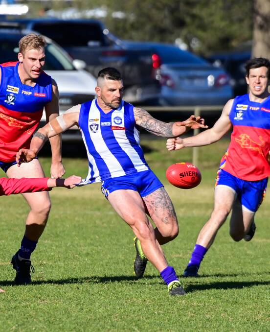 TOUGH DAY: Mitiamo midfielder Doug Thomas. The Superoos copped a 94-point hiding from Marong on Saturday. Picture: BRENDAN McCARTHY
