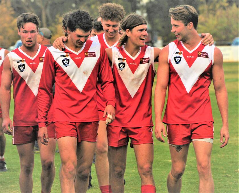 BLOODS ON THE BOARD: Elmore players were all smiles after Saturday's one-point win over Huntly. It was the Bloods' first win of the season. Picture: ADAM BOURKE