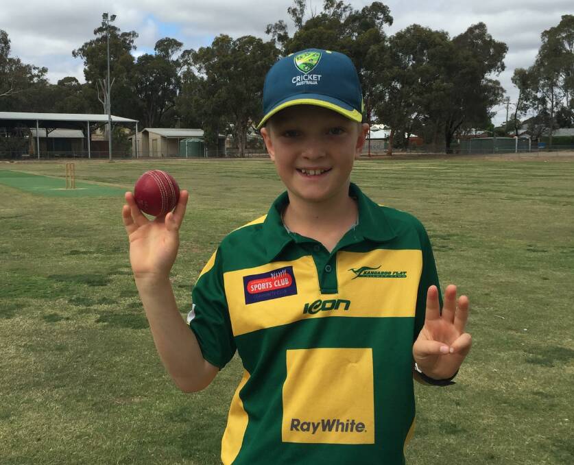 MEMORABLE DAY: Kangaroo Flat junior cricketer Lachlan McKay took a hat-trick in the Roos' under-14A game against Strathfieldsaye on Saturday. McKay finished with 3-7 off three overs in his side's eight-run win at Club Court. Picture: CONTRIBUTED