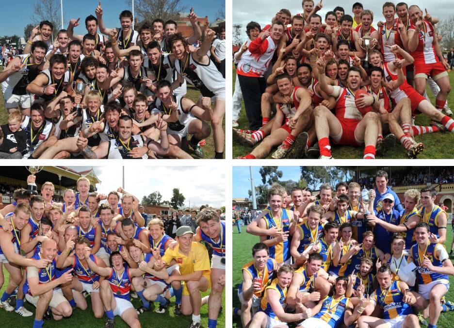 GLORY YEARS: Top - Maryborough's 2010 team and South Bendigo's 2009 side. Bottom - Gisborne's 2011 side and Golden Square's 2013 team.