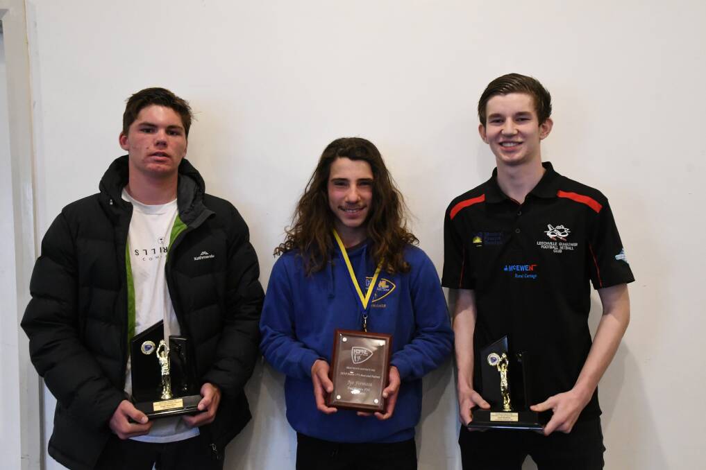 Under-17 best and fairest Jye Formosa of Heathcote in the middle is flanked by joint runner-ups, Hugh Hamilton of Colbinabbin and Josh Hawken of Leitchville-Gunbower.