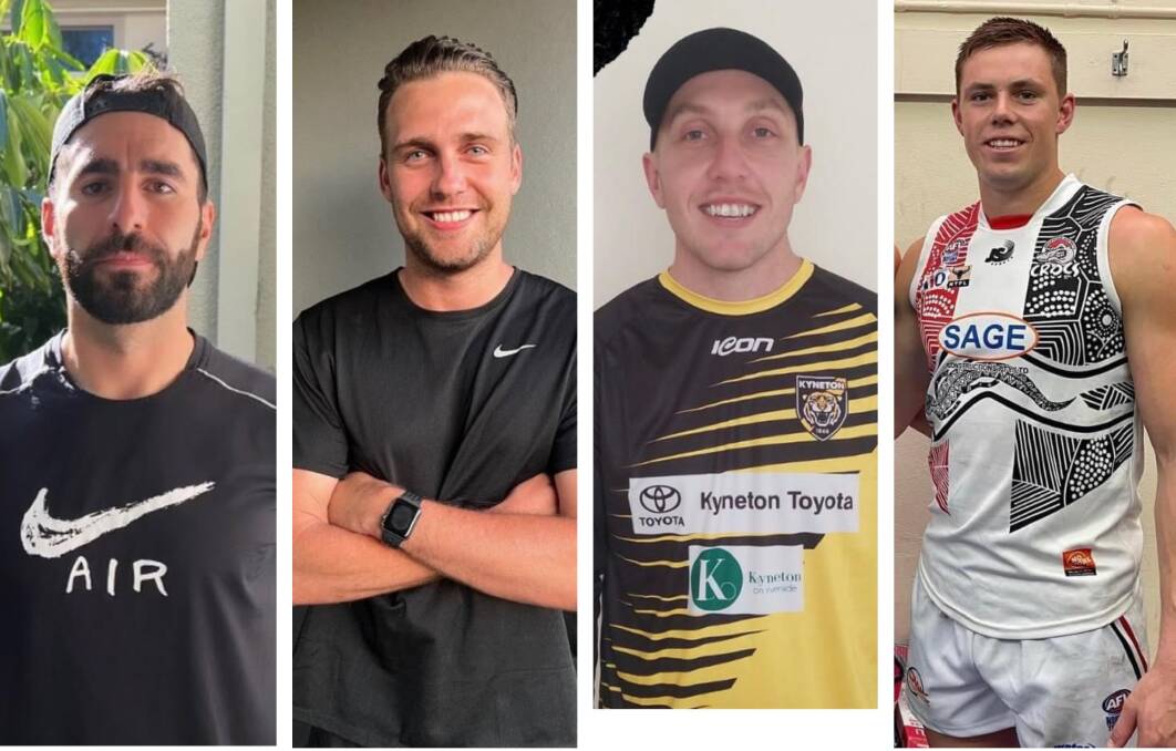 NEW TIGERS: Kyneton recruits Steve Georgiou, Mason Crozier, Dean Bartrop and Frazer Driscoll. Pictures: KYNETON FOOTBALL-NETBALL CLUB