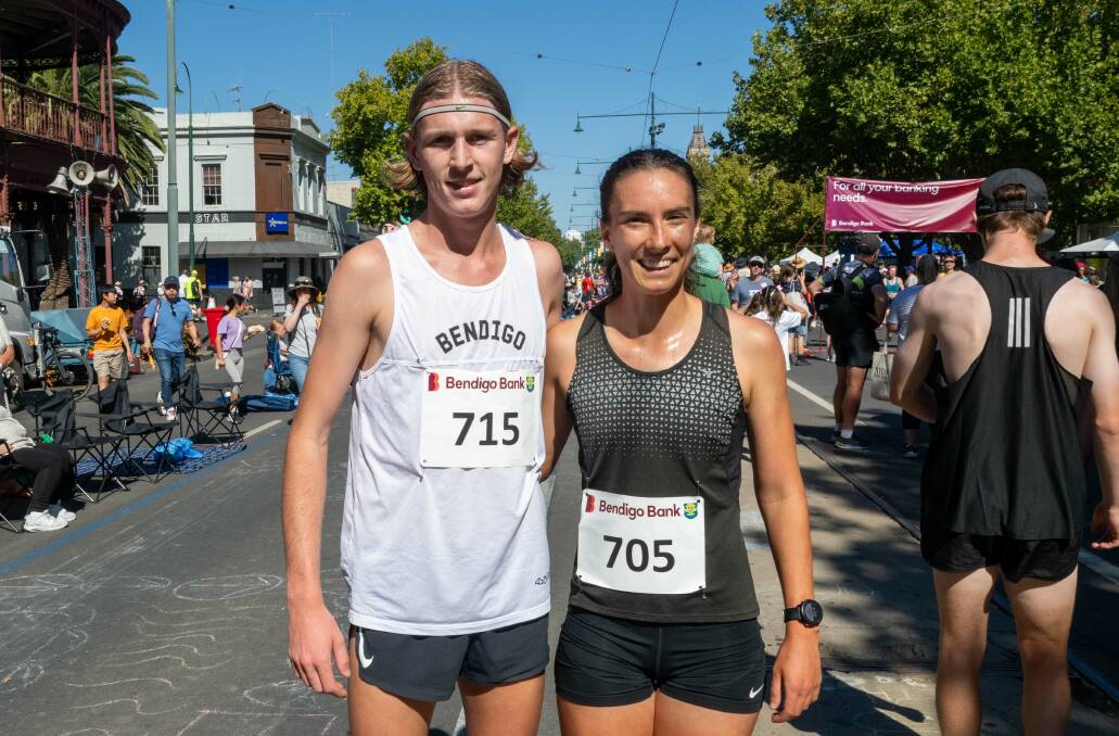 Harrison Boyd (male) and Katherine Dowie (female) after claiming the open honours in Sunday's Bendigo Bank Dragon Mile. Picture by Enzo Tomasiello