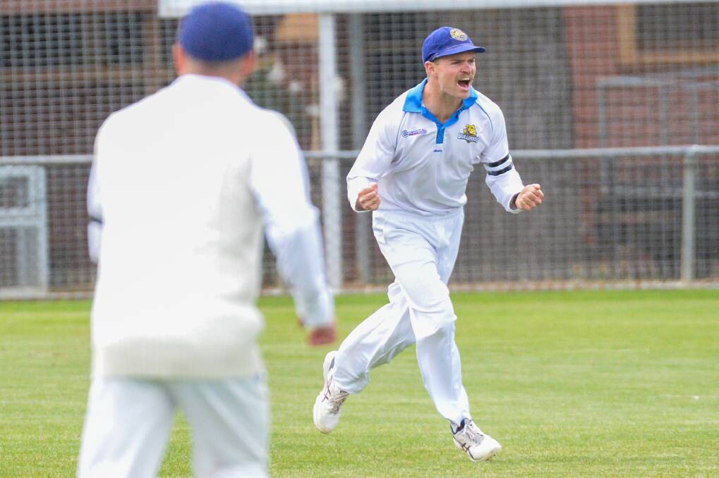 UP AND ABOUT: Golden Square's Riley Hocking celebrates a wicket against Huntly-North Epsom on Saturday. The Bulldogs won on the last ball of the match by three wickets at Wade Street. Picture: DARREN HOWE