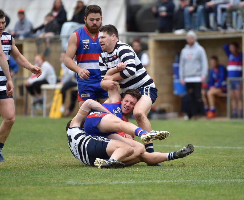 CRACKER OF A CONTEST: 39 goals were kicked as North Bendigo edged out Lockington-Bamawm United by one point on Saturday. Picture: GLENNDANIELS