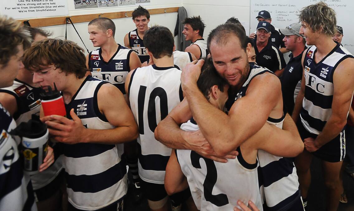 MEMORABLE DAY: Strathfieldsaye players celebrate their 25-point win over Castlemaine in the Storm's inaugural game in round one of the 2009 season.