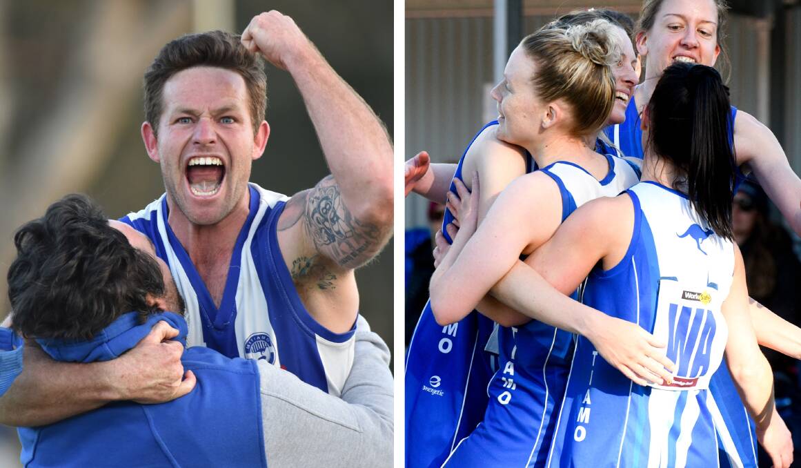 DOUBLE DELIGHT: Mitiamo won both the Loddon Valley league's senior football and A Grade netball flags at Calivil on Saturday. Pictures: GLENN DANIELS and NONI HYETT
