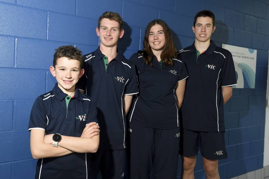 VICTORIAN REPRESENTATIVES: Swimmers Jack Hocking, Jett Bird, Emily Kearns and Nicholas Kearns. Picture: NONI HYETT