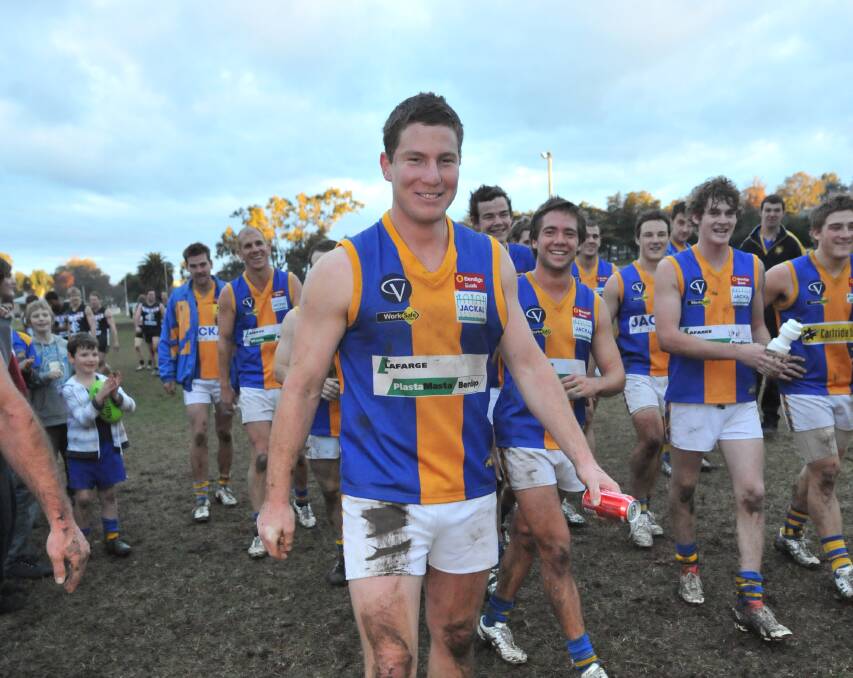 Golden Square's Grant Weeks after kicking his 100th goal in round 12 at Castlemaine.