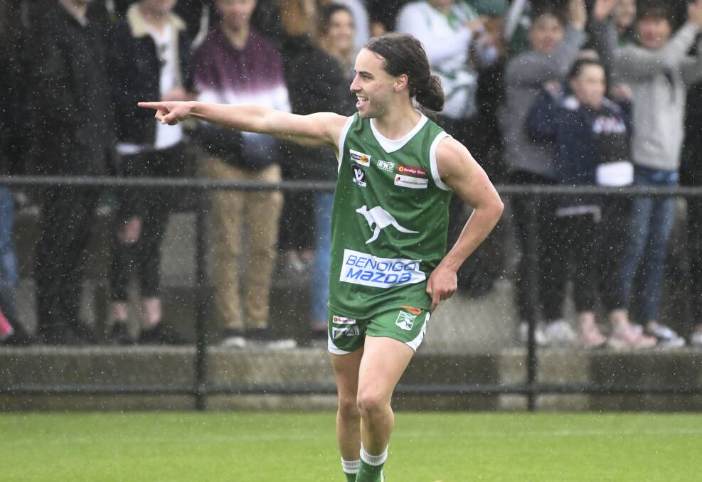 NAILED IT: Kangaroo Flat captain Mitch Rovers celebrates after kicking the match-sealing goal in the last quarter on Saturday. Pictures: NONI HYETT