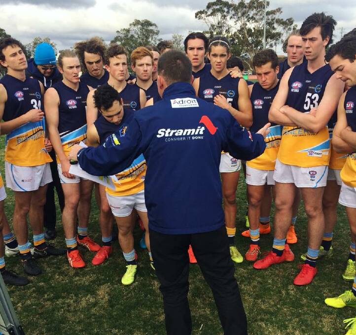 Rick Coburn addresses the Pioneers at quarter-time on Sunday. Picture: BENDIGO PIONEERS FACEBOOK PAGE