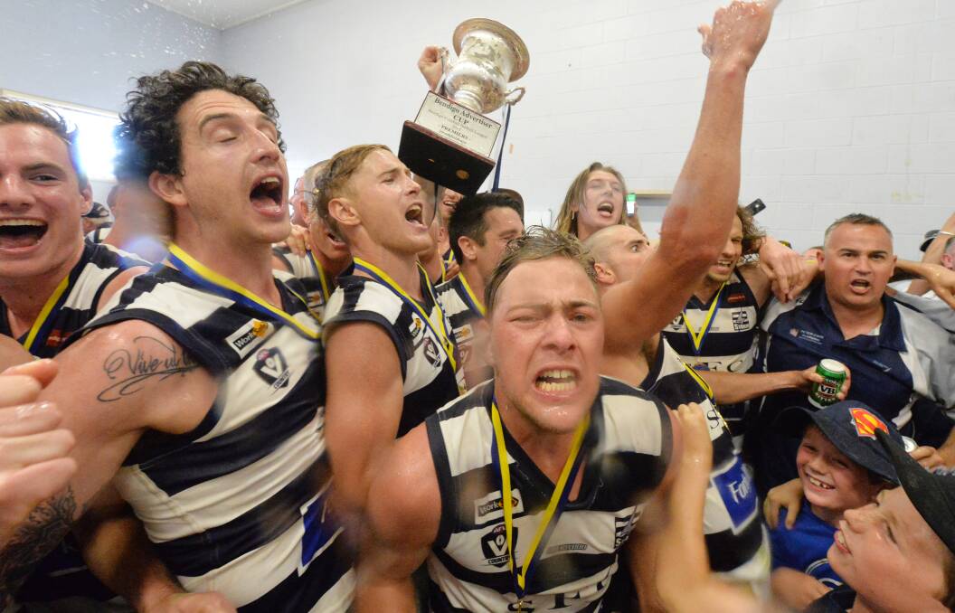PARTY TIME: Strathfieldsaye players celebrate after their seven-point grand final win over Sandhurst. The 8.12 (60) to 8.5 (53) victory was the Storm's 37th in a row.