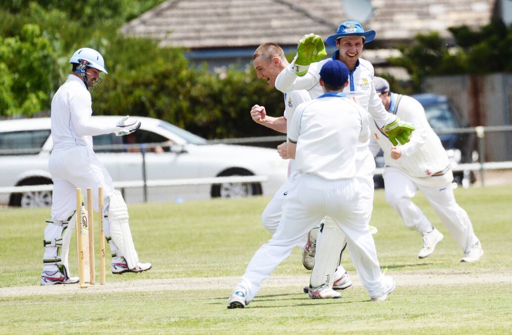 BIG WICKET: Golden Square celebrates the run out of Strathdale-Maristians' opener Cameron Taylor for 35 on Saturday. The Suns were all out for 176. Pictures: DARREN HOWE
