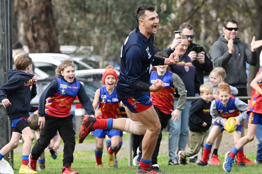 Brandyn Grenfell after kicking his 100th goal for Marong this year. Picture by Darren Howe